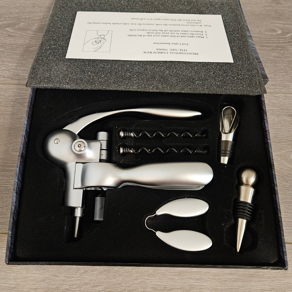 Professional Lever Corkscrew Wine Opener Set 6pc Matte Silver Kit 798968